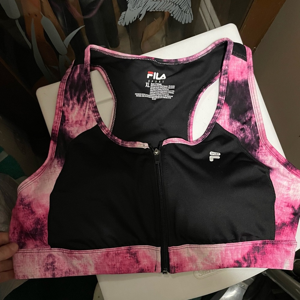 Fila front zip sports bra. Xl. New with tags. Pink and black